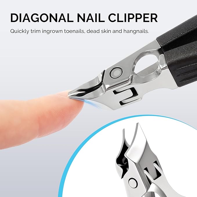 MelodySusie Wide Jaw Opening Nail Clippers Set, 2 pcs Toenail Clippers for Seniors Thick Nails, Anti-Splash Curved and Slanted Nail Clippers for Men Women, Fingernail Cutter with Catcher, Black