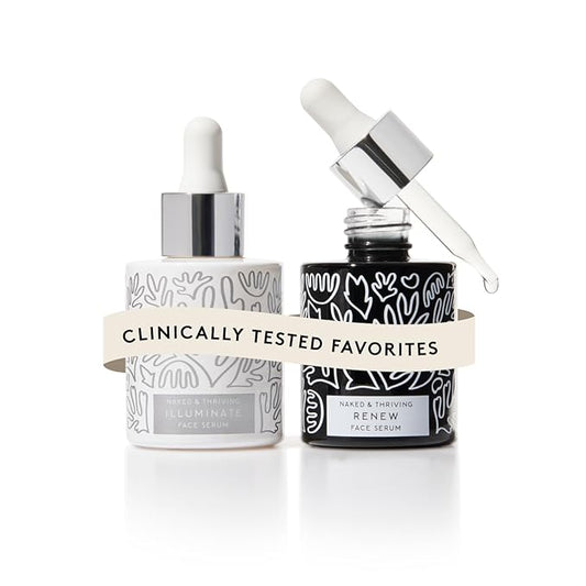 Naked & Thriving Wrinkle-Fighter Set, Includes Renew Resurfacing Night Serum (30 mL) & Illuminate C+ Serum (30 mL), Clinical Results, Dermatologist Loved, Hylauronic Acid & Bakuchiol (Set of 2)