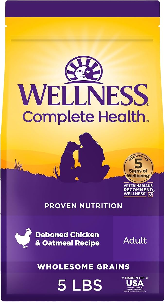 Wellness Complete Health Adult Dry Dog Food, Wholesome Grain Kibble, Natural, Chicken and Oatmeal Recipe, 5 lb Bag