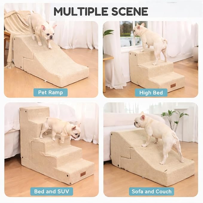 3-Step Dog Stair and Ramp for Small Dogs and Cats, Pet Steps for Sofa and Couch with Non-Slip Bottom, Beige