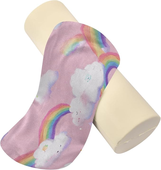 Pink Stars Rainbows Neck Roll Pillow Bolster Round Health Memory Foam Long Cervical Cylinder Pillows with Removable Washable Cover for Body Bed Legs Back Yoga