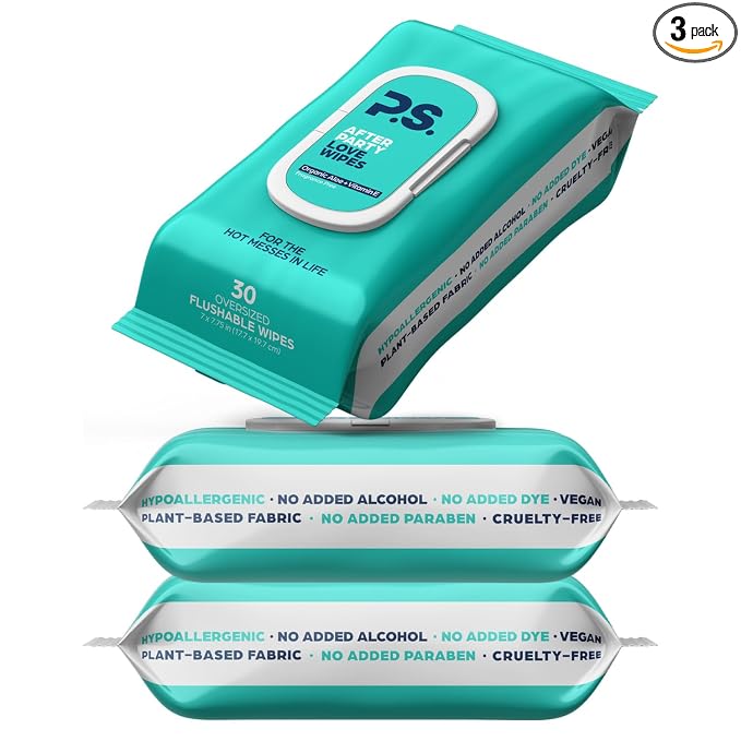 Afterparty Love Wipes - Oversized Flushable Wipes For Adults with Organic Aloe, Cucumber Extract, Oat Kernel Extract, & Vitamin E - Vegan, Plant Based, pH Balance for Women