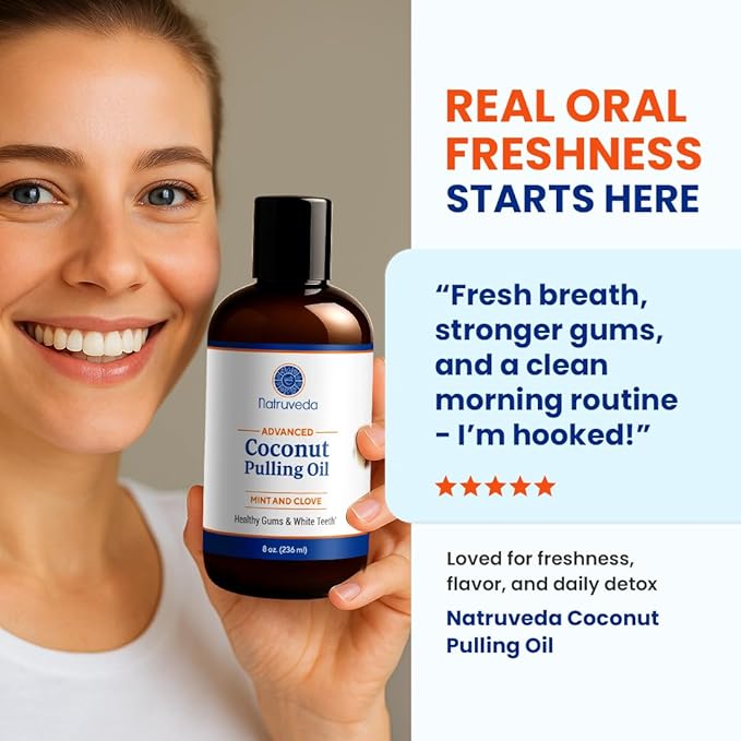 Natruveda Coconut Oil Pulling Mouthwash – 8 oz, Virgin Clove & Mint Blend, Ayurvedic Oral Rinse for Teeth Whitening, Natural Mouthwash for Gums, Gentle Pulling Oil for Daily Use