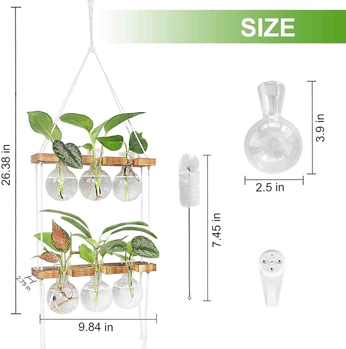 Plant Propagation Station Wall Hanging with 2 Tiered Wooden Stand | Plant Terrarium for Hydroponics Plants, Unique Gardening Gifts for Women Mom Plants Lovers - 6 Bulb Glass Vases