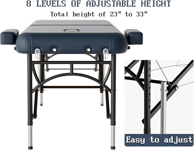 Professional Massage Table Portable 2 Fold Premium Memory Foam Aluminium Leg Hold Up to 1100LBS 8 Heights Adjustable with Carrying Bag Blue