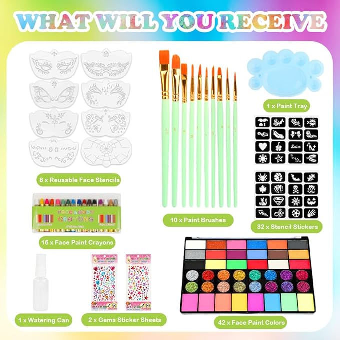 Face Painting Kit for Kids, 42 Colors Water Based Face Paint, 16 Crayons, 8 Reusable Stencils and 32 Sticky Stencils, 10 Brushes, 2 Gem Sheets, Professional Face Painting Kit for Parties Halloween