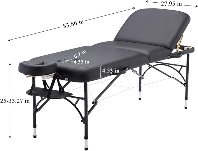 Artechworks 28" Width 3 Folding Portable Lightweight Massage Table Facial Salon Spa Tattoo Bed with Aluminium Leg for Home Office Living Room, Black