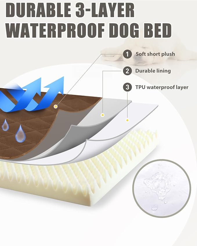 NUPIDA Orthopedic XXL Dog Beds for Crate with Washable Cover, 47x29, Brown | Egg-Crate Foam, Cozy Velvet Pet Mattress, TPU Waterproof Layer, Comfy Support, Anti-Slip Base Extra Large Breeds up to 90lbs