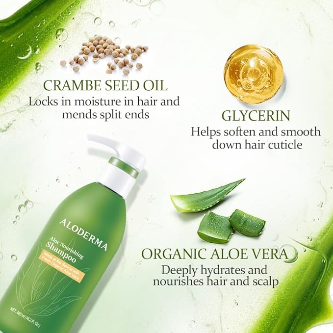 Aloderma Aloe Nourishing Shampoo 16oz - Made with Fresh, Organic Aloe Vera (No Water Added) for Dry, Damaged Hair - Gently Cleanse and Moisturize for Soft, Healthy, Shiny Hair - Alcohol, Paraben-Free