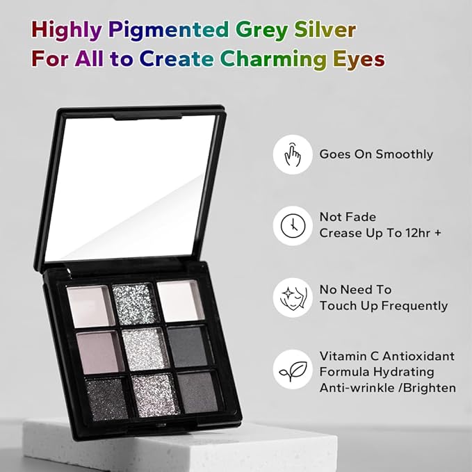 URQT Grey Silver Eyeshadow Palette with Mirror – 9 Highly Pigmented Matte & Shimmer Shades, Long-Lasting Blendable Formula, No Crease 12H+, Smooth Application, Travel-Friendly Cool Tone Eye Makeup