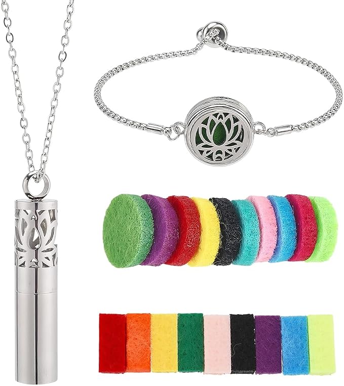 SUNNYCLUE 1Pc Oil Diffuser Bracelet 1Pc Essential Oil Necklace Set Total 20Pcs Refill Pads Stainless Steel Flower Aromatherapy Locket Adjustable Cuff Bangles Jewelry for Women Gifts Adults Birthday