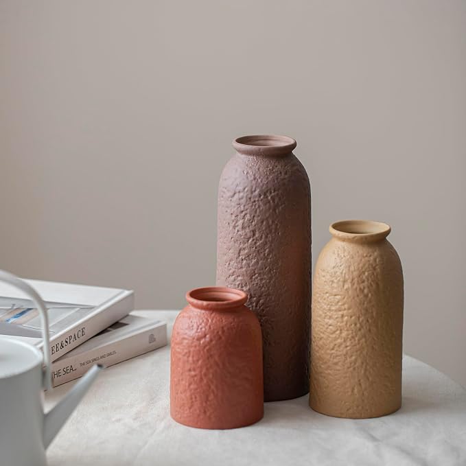 Large Decorative Ceramic Vase Set, 3 Pieces, Matte Taupe Orange Coral Beige, 10.4 Inch Tall, Nordic Modern Boho Style, Orange Peel Glaze Finish, Farmhouse Home Décor