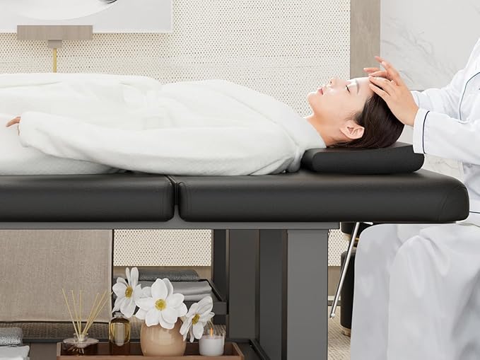 pouseayar Heavy Duty Durable Wide Stationary Massage Bed with Backrest, Professional Spa Facial Treatment Table, Metal Frame PU Leather Therapy Table(Segmented Structure)