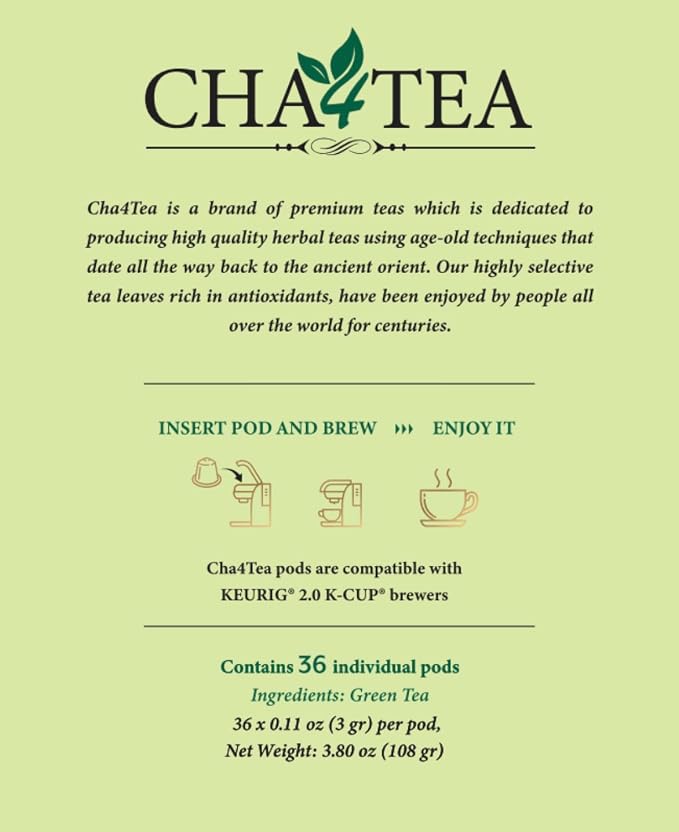Cha4TEA 36-Count Green Tea Pods Compatible with Keurig K-Cup Brewers