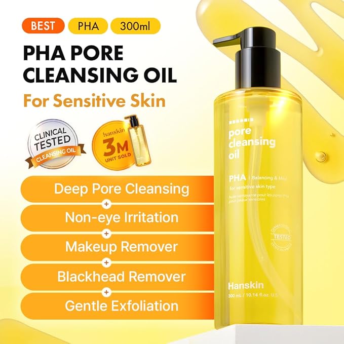Hanskin PHA Pore Cleansing Oil - Korean Deep Pore Cleansing Makeup & Sebum Remover XL, Blackhead & Large Pores Cleanser for Sensitive Skin, Double Cleansing First Step, Plant-Based Care, 10.14oz