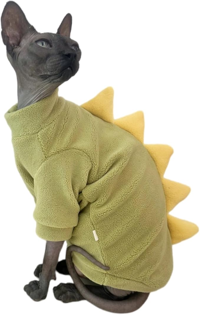 Green Dinosaur Sphynx Cat Clothes Sweater Hairless Cat Apparel | Soft, Elastic, Warm Polar Fleece,Winter Warm Outfit, Cute Dinosaur
