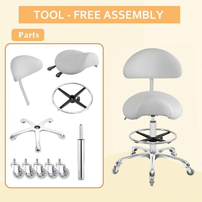 Saddle Stool Chair with Back Support Footrest, Heavy-Duty(350LBS), Hydraulic Rolling Swivel Adjustable Stool Chair for Salon Spa Beauty Massage Dental Clinic Home Office Use(White)