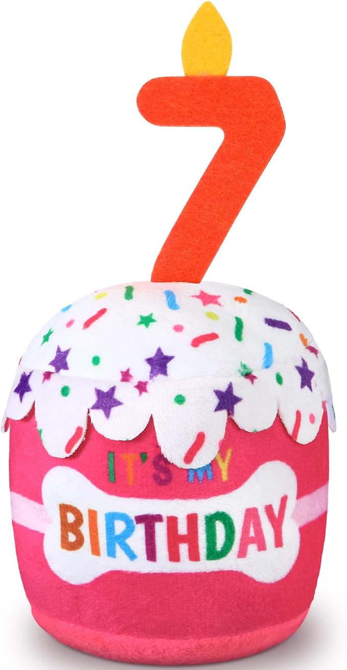 Dansydaisy Dog Birthday Cake Toy Squeaky Plush Gift,7th,Pink