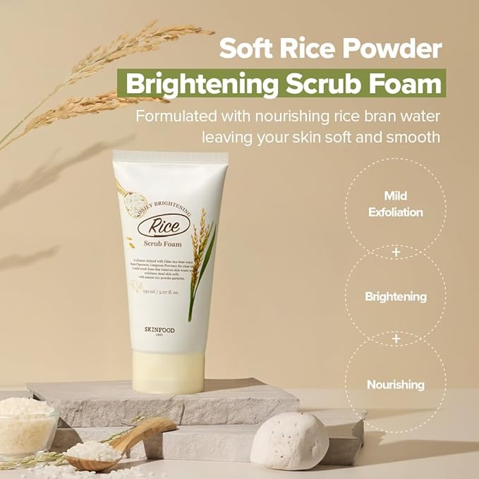 SKINFOOD Rice Daily Scrub Foam, Facial Cleanser with Face Scurb, Face Wash Fermented White Rice Bran Water, Gentle Exfoliating For Men and Women (150ml, 5.07 fl. oz.)
