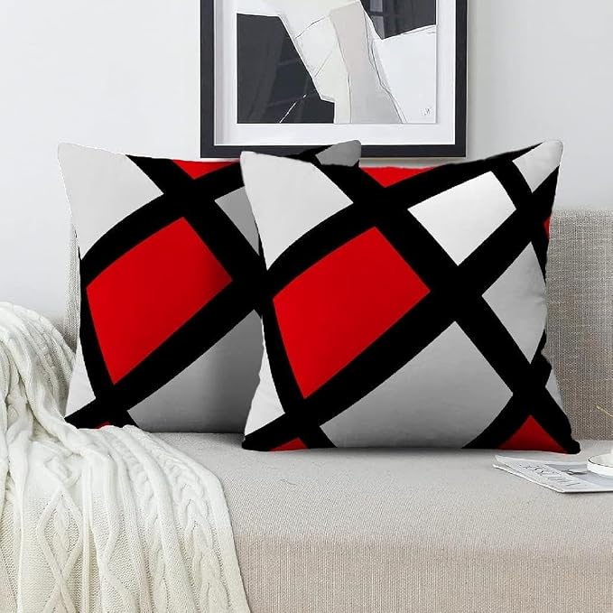 Modern Art Geometric Pillow Cover, Decorative Throw Pillow Covers Red Black Abstract Artwork Cushion Cover for Bedroom Sofa Living Room 26 x 26 Inch Set of 2