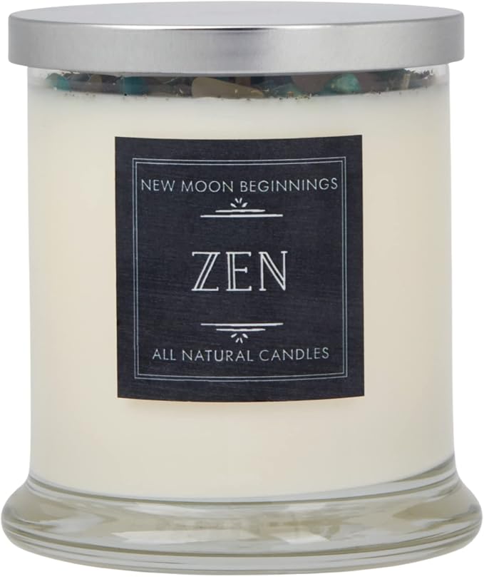 Zen Crystal Candle by NEW MOON BEGINNINGS - All Natural Aromatherapy Candle - 100% Soy Candle - Citrus, Cedarwood, Patchouli - Meditation Candle - 12 oz. Glass Jar with lid