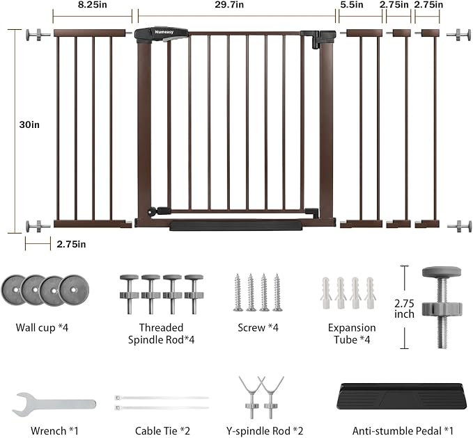 Mumeasy 29.7-54.2" Baby Gate for Stairs, Pressure Mounted Dog Gate for Doorways, Extra Wide Walk Thru Safety Pet Gate for Doors with Auto Close, Easy Install Child Gate for Hallway Indoor House, Brown