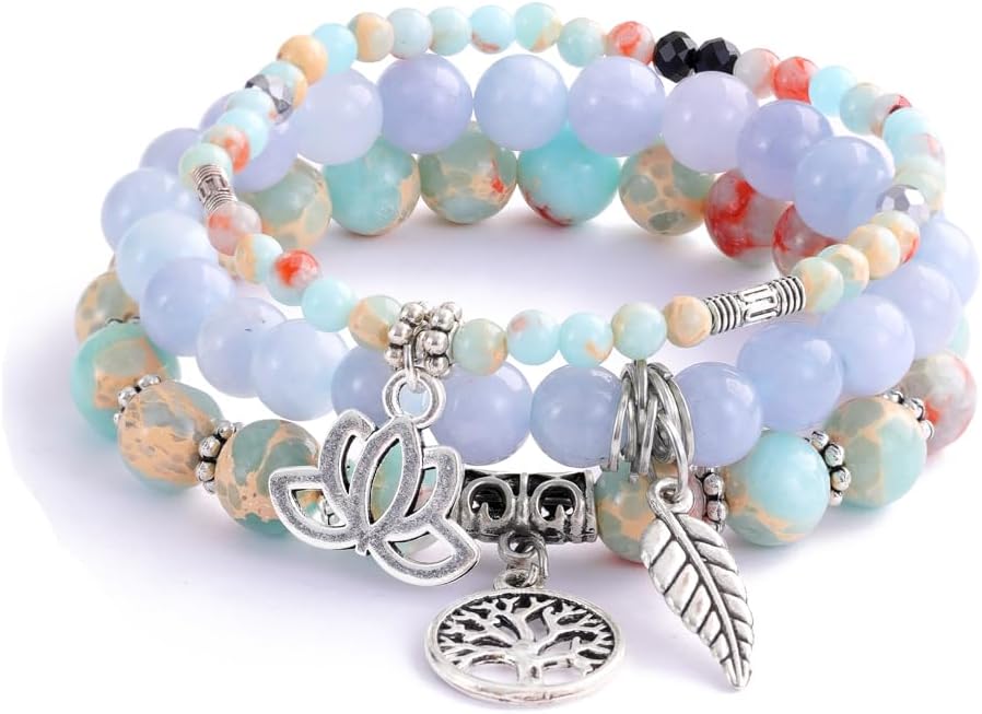 UEUC Tree of Life Yoga Healing Stone Bracelets,Multilayer Lotus Chakra Stone Reiki Bracelet Sets,Anxiety Crystal Natural Stone,for Women Stress Relief