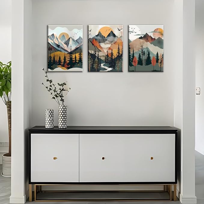 Mountain Canvas Wall Art Set of 3, Boho Sun Forest Abstract Nature Landscape Artwork Wall Decor, Watercolor Posters Prints Painting Picture Artwork for Living Room Bedroom Office 12 x16 In Framed