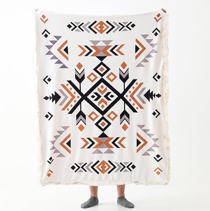 Luxury Plush Faux Fur Throw Blanket with Aztec Pattern, Super Warm, Fuzzy, Elegant, Fluffy Decoration Blanket for Couch, Armchair, Sofa and Bed, 60''x 80'', Cream