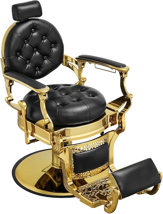 Kaleurrier Hair Styling Chair Reclining: Men’s Barber Chairs for Barber Station - Heavy Duty Salon Chair with Footrest for Hair Stylist Wide Seat Gold and Black