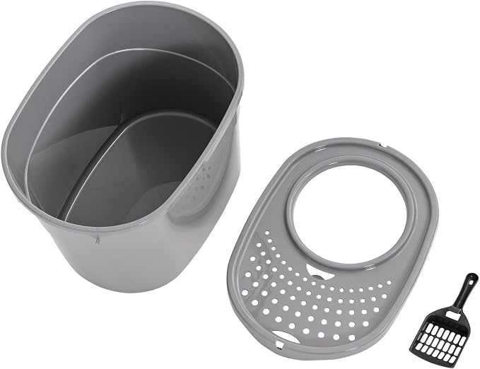 Amazon Basics Large Cat Litter Box with High Sides, Top Entry, Odor Control, Includes Scoop, 20.5 x 14.75 x 14.38 inches, Grey