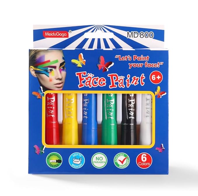 Face Paint Sticks, Washable Face Paint Crayons, Safety Face Painting Kit for Party Sport Events Birthday, Body Paint Makeup Festivals Cosplay (6 Classic Color)