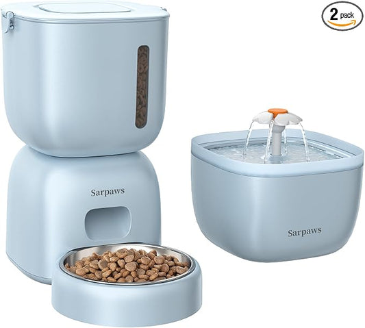 Automatic Cat Feeder and Water Dispenser FW1, Wire or Battery Cat Food Dispenser Timer Pet Feeder - Locking Lid, Desiccant Bag, Programmable Portion Control, 4 Daily Meals, 10s Voice Recorder-Blue