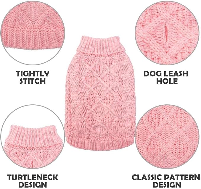 Mihachi Turtleneck Dog Sweater - Winter Coat Apparel Classic Cable Knit Clothes with Leash Hole for Cold Weather, Ideal Gift for Pet in New Year