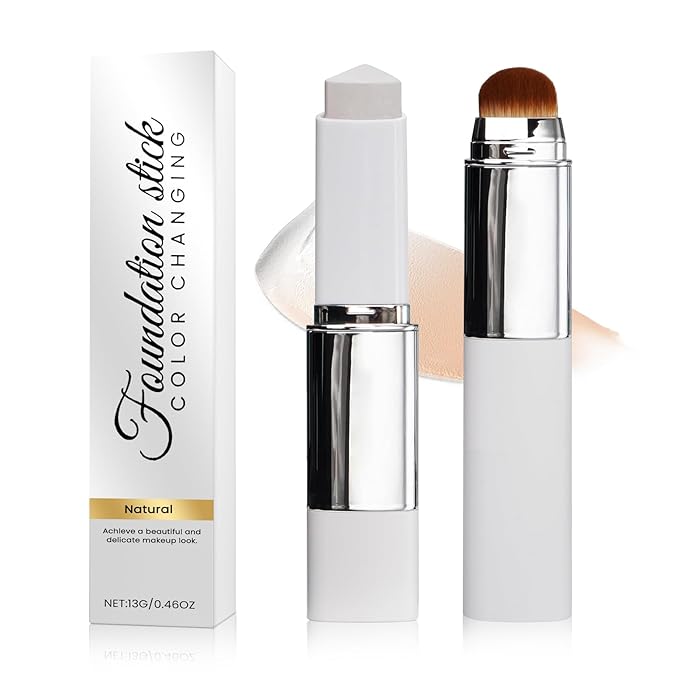 Color Changing Foundation Stick, Medium to Full Coverage Cream Stick Hydrating Makeup, Dual-Ended with Soft Brush for Flawless Look, Portable & Travel-Friendly (Natural) (Ivory)