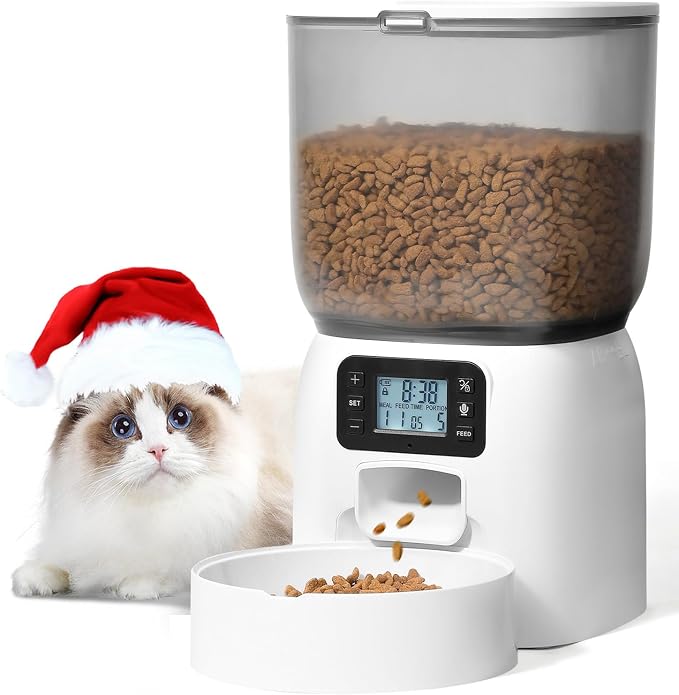 Automatic Cat Feeder, 3L Cat Food Dispenser with 10s Voice Recorder, Pet Feeder up to 8 Meals per Day, Timed Dog Feeder (White-Basic)