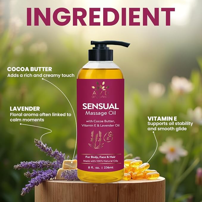 AVD Organics Sensual Massage Oil 236 ml | Intimate Moments & Enhanced Stimulation |Aromatherapy Date Night | Ideal for Full Body & Muscle Massage | for Women & Men| 8 fl .oz