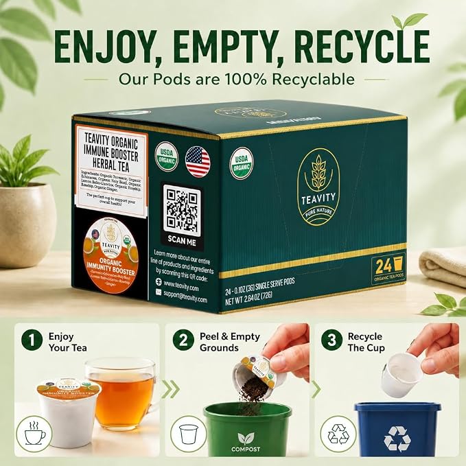 Organic Ginger Tea Pod with Echinacea, Turmeric, and Licorice for Keurig, Decaf by Teavity (24 Tea Pods)