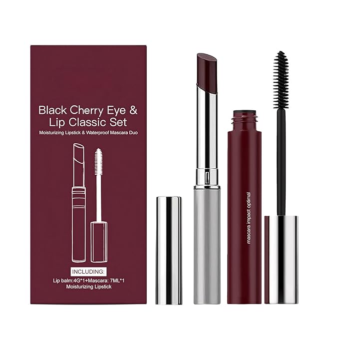 Sheer Black Cherry Lipstick & Mascara Set – Hydrating Tinted Lip Balm & Volumizing Black Eyelash Makeup Kit – Natural Berry Shade for All Skin Tones