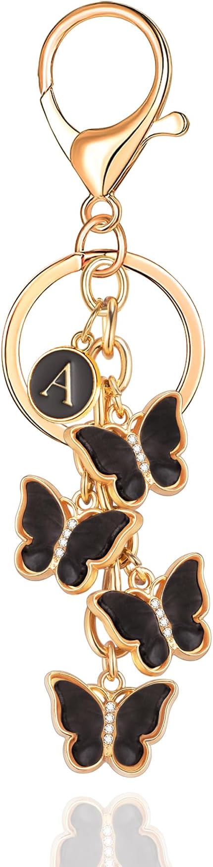 XGALBLA White Pink Black Cute Butterfly Initial Letter Keychain for Women, Butterfly Bag Charms Keyring for Handbags Backpack