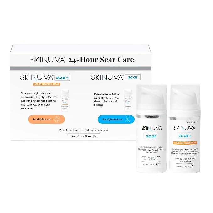 Skinuva® 24 Hour Care Kit: Next Generation Scar (1 oz) & Next Generation Scar+ SPF 30 (1 oz) - Advanced Silicone Cream Matrix Formulated with Growth Factors & Helps Reduce the Appearance of Scars