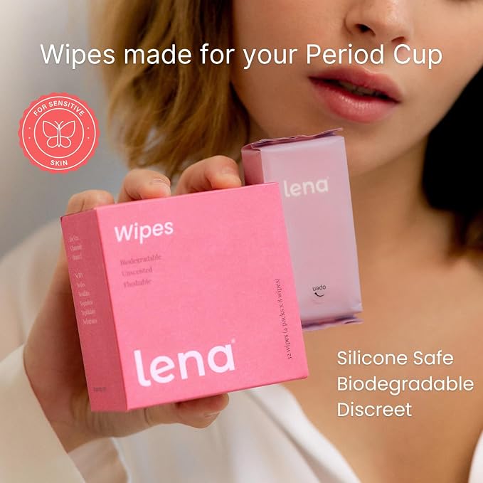 Lena Period Wipes for Teen Girls and Women - pH Balanced for Menstrual Cup and Feminine Hygiene, Flushable & Disposable Mini Compact Wipes, Clear, Non-Toxic Fragrance Free, Unscented Disc Cleaner
