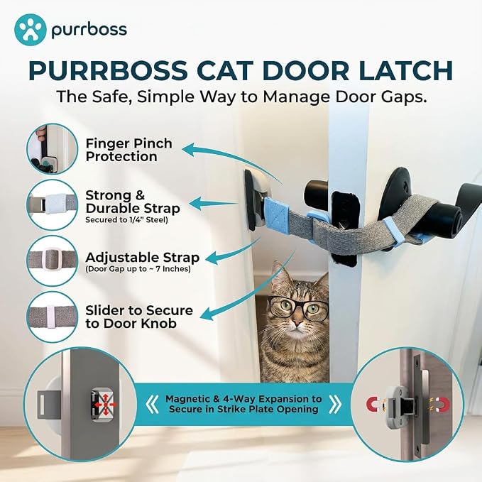 Adjustable Cat Door Latch to Keep Rooms Accessible for Pets, Dog-Proof Pet Gate Alternative for Feeding & Litter Box Areas, Strongest, Portable & No Tools or Adhesives