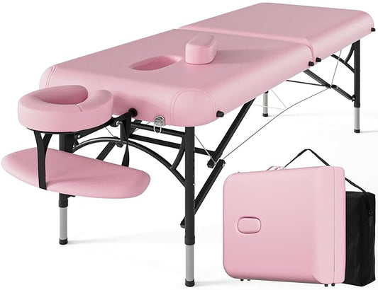 CLORIS 84" Professional Massage Table Portable 2 Folding Lightweight Facial Salon Spa Tattoo Bed Height Adjustable with Carrying Bag & Aluminium Leg Hold Up to 1100LBS Pink