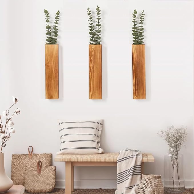 3 Pack Wood Wall Planters with 6 Faux Eucalyptus Stems for Wall Decor