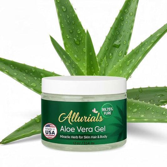 Allurials 99.75% Pure & Organic Aloe Vera Gel - Made in USA, Clinically tested & Dermatologist approved, Hydrates & Heals Dry & Damaged Skin & Hair- 12 Oz