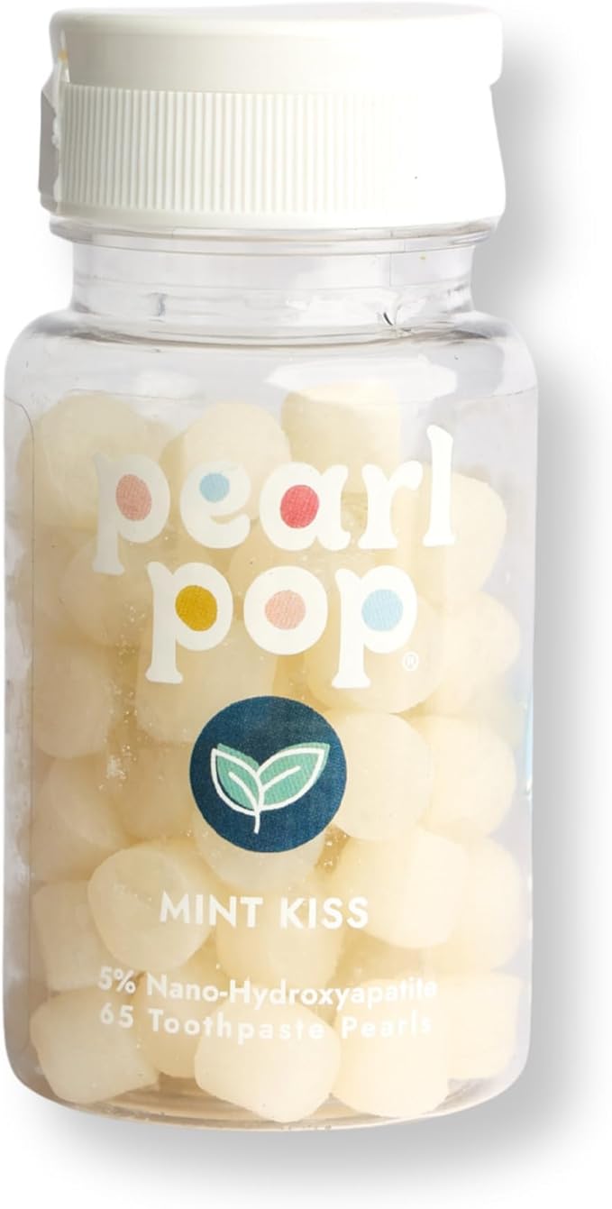 Pearl Pop Toothpaste Pearls, Chewy Fluoride Free Toothpaste for Kids, Stocking Stuffer, Made with Nano Hydroxyapatite & Xylitol, Foam Free, Mess-Free Travel Tooth Paste, Mint Kiss, 65ct