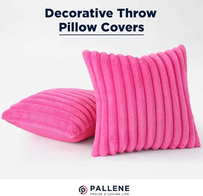 Pallene Faux Fur Decorative Throw Pillow Covers 18x18 Set of 2, Hot Pink | Luxury Plush Texture, Striped Design, Cozy Soft Touch, Modern Home Accent Decor for Couch, Sofa, Bed, Living Room