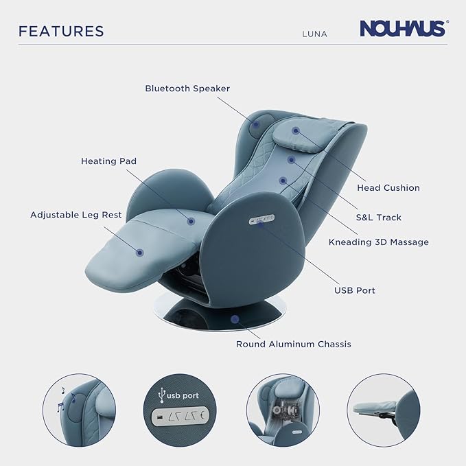 Nouhaus Luna Heated Massage Chair,Full Body Massaging Zero-Gravity Leisure Recliner with Low-Noise 3D Massage and Dual Sound Systems Modern Massage Chairs (Aqua Blue)