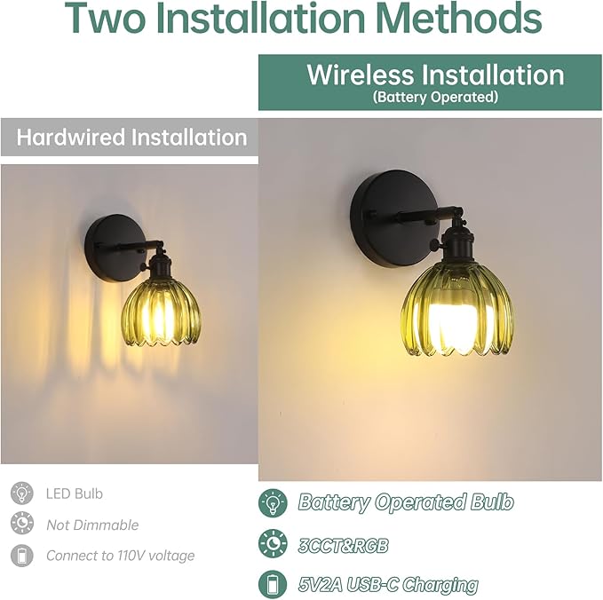 Shenmoyl Vintage Battery Operated Wall Sconce with Green Tulip Glass Lampshade Rechargeable Battery Powered Black Wall Light with Remote Control for Bedside Bedroom Doorway, Set of 2